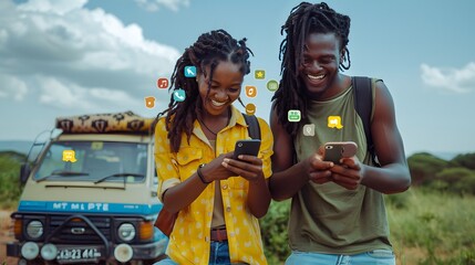 Mobile money in Africa. Mpesa. A joyful couple engages with their smartphones outdoors, surrounded by social media icons, showcasing modern connectiv