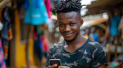 Mobile money in Africa. Mpesa. A smiling young man with trendy dreadlocks holds a smartphone while standing in a vibrant market filled with colorful 