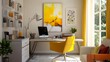 © Neuropixel - Modern home office with neutral walls and furniture, bright yellow desk accessories, and colorful art