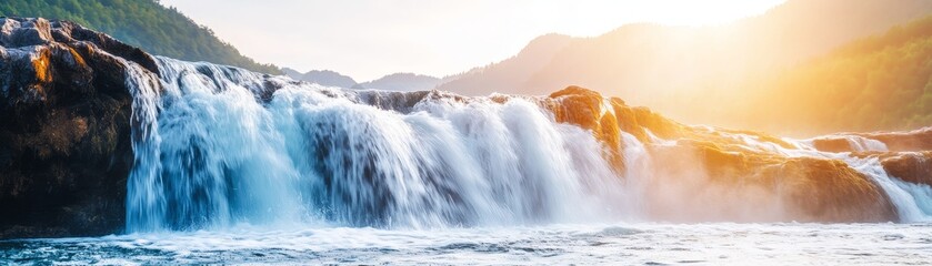 majestic waterfall cascading over rocks in a lush green landscape at golden hour