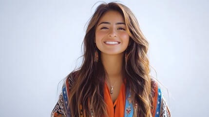 Modern peruvian girl. A young woman with long, wavy hair smiles confidently while wearing a colorful, patterned blouse against a light background. 