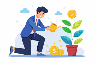 Investment growth, investing for financial independent or financial freedom, mutual fund or growth stock, saving or earning profit concept, businessman hand put money coin on growing money seedling. S