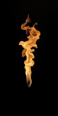 Wall Mural - A long, thin flame of fire is lit on a black background. The flame is yellow and he is dancing in the air