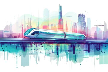 Canvas Print - Train passing through urban area with high-rise structures