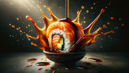 Wall Mural - A sushi roll captured in a dynamic splash of soy sauce. 