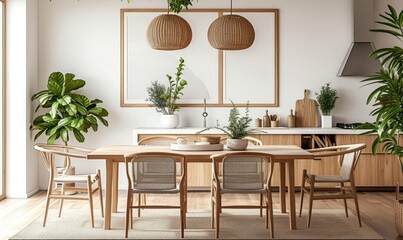 Living room of dining room interior with mock up poster frame, stylish table, rattan chair, wooden kitchen island, white chocker, plants, kitchen hood, Generative AI