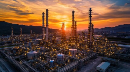 Industrial Refinery at Sunset with Illuminated Towers and Pipes Against a Vibrant Sky