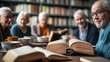 © Neuropixel - Real world senior life. A warm and inviting scene of elderly individuals gathered around a table, engaging in reading and conversation, with open books and beverages in a cozy library setting.