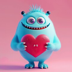 Wall Mural - Cute Blue Monster Holding Heart