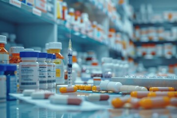 Poster - A shelf filled with various medicine bottles in a pharmacy setting