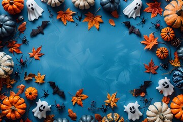 Wall Mural - Halloween Frame with party decorations of Pumpkins leaves and host in blue backgrounds