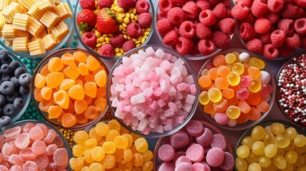 A variety of colorful candies are displayed in bowls, including gummy bears