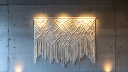 Macrame art with diamond patterns, displayed on a concrete wall with subtle lighting