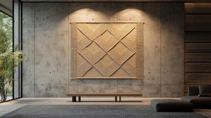 Macrame art with diamond patterns, displayed on a concrete wall with subtle lighting