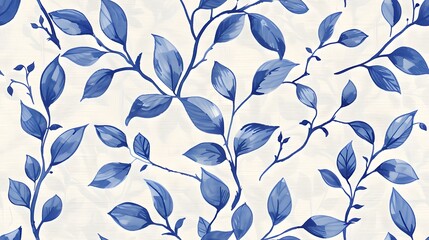 Wall Mural - seamless tiled botanical chinese ming print. A delicate blue and white floral pattern featuring intertwining leaves, perfect for textiles or backgroun