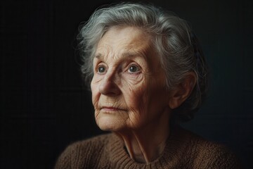 Aufkleber - An elderly woman with gray hair reflects deeply, her expression revealing a lifetime of memories and experiences in a soft, dimly lit space. Generative AI