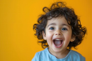 Poster - A cheerful young child with curly hair expresses pure happiness with a big smile, creating a lively atmosphere in a cozy environment. Generative AI