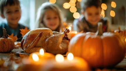 family at table celebrating thanksgiving: delicious roast turkey and seasonal traditional food for a delicious dinner