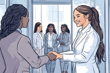 Doodle style of two women shaking hands in an office setting, one woman is white and the other black with long hair tied back wearing professional attire. They stand next to eachother smiling