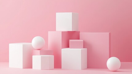 Aufkleber - 3D geometric shapes featuring white and pink cubes with a gradient effect set against a soft pastel minimal background Abstract illustration for showcasing products