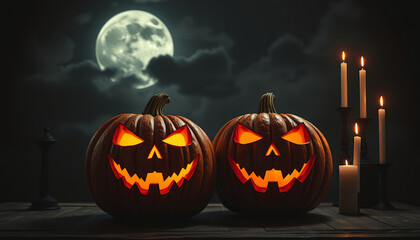 Wall Mural - two evil jack-o'-lanterns against the backdrop of the full moon