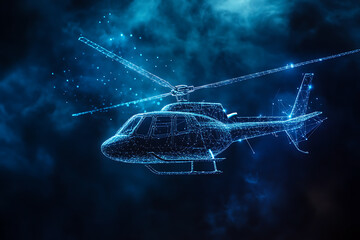 An abstract digital background banner featuring a helicopter connected with data elements in blue and black colors