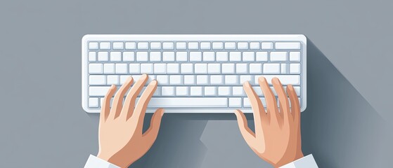 Typing on keyboard minimal flat design solid grey background focused scene