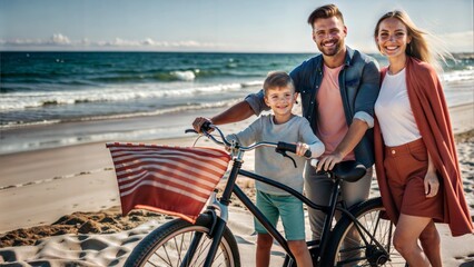 Poster -  happy family with bicycle on sandy beach near sea