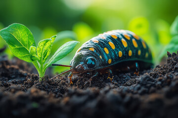 Worm emerging from the soil in a lush garden after rain,