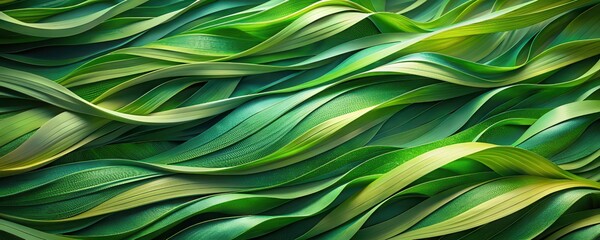 An artistic representation of flowing green patterns resembling waves of leaves creates a serene ambiance full of natural beauty and vibrancy showcasing different shades of green.