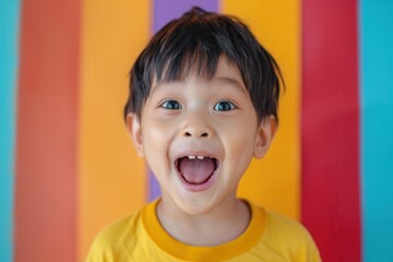 Wall Mural - A young child expresses excitement and happiness with a big smile, standing in front of vibrant, multicolored stripes. Generative AI