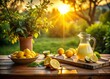 © DigitalArt Max - Warm sunset backlight illuminates a rustic wooden table adorned with freshly sliced lemons, vintage pitcher, and scattered green leaves, evoking a carefree summer afternoon ambiance.