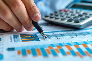 Financial planning businessman looking at financial accounts, calculating with calculator and pen in hand and paper to write numbers