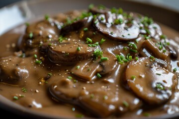 Hearty mushroom dish garnished with chives served in a rustic bowl with rich sauce on a wooden table