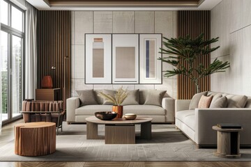 Modern living room interior - 3d render Living room interior design- 3d render with beige and gray colored furniture and wooden elements