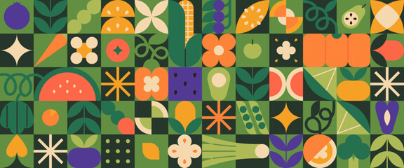 abstract geometric pattern of farm food. stylized poster with fruit and vegetables. agriculture plan