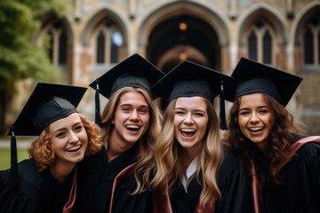 Celebrating graduation university laughing smiling.