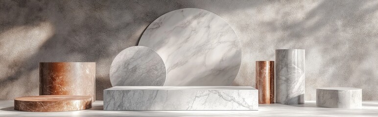 Marble texture geometric shape collection with blank podium shelf 3D rendering