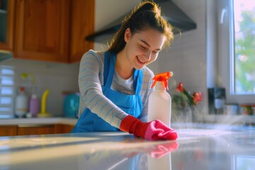 Happy cute caucasian attractive young joyful smiling housewife woman wipes and disinfects dust table using spray bottle and rag Happy cute caucasian attractive young joyful smiling housewife woman wip