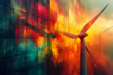 Aufkleber - Abstract renewable energy with wind turbines and solar panels in a clean, vibrant design,