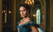 © Miklos - A woman in a teal gown stands in a grand hallway, her gaze fixed on the camera