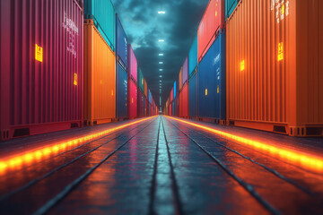 Aufkleber - Abstract global trade with shipping containers and digital trade routes in vibrant colors,