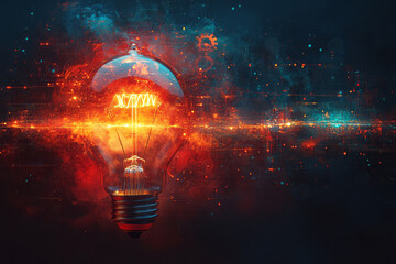 Aufkleber - Abstract innovation with lightbulbs, gears, and digital lines in a vibrant design,