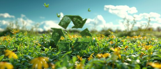 A giant recycling symbol made of grass stands in a green field with yellow flowers, butterflies fluttering around, under a clear blue sky.