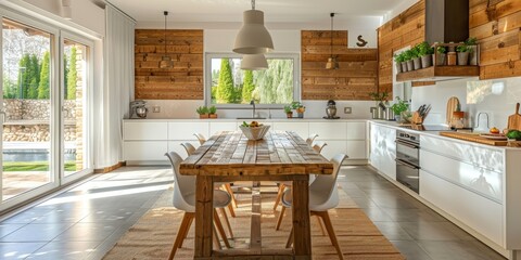 large kitchen room with modern interior design with wood table and chairs for home against the backg