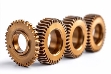 A set of interlocking gear wheels, intricately detailed and isolated against a clean white background. The gears, with their precise teeth and metallic finish, are arranged in a way that highlights th