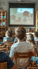 Elementary classroom with students in casual attire, focused on screen. Wooden furniture, bookshelves, conducive learning environment. Teacher or adult present.