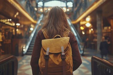 Wall Mural - A girl with a backpack indoors in a library