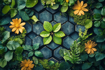 Aufkleber - Creative abstract design of sustainable living with eco-friendly symbols and green patterns,