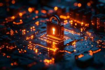 Aufkleber - Abstract cybersecurity with digital locks and networks in a dark, high-contrast environment,